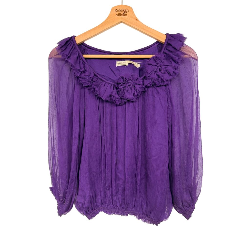 Leon Max 100% Silk Gauzy Puff Sleeve Y2K Blouse Purple SZ XS Ruffle Neck Flower